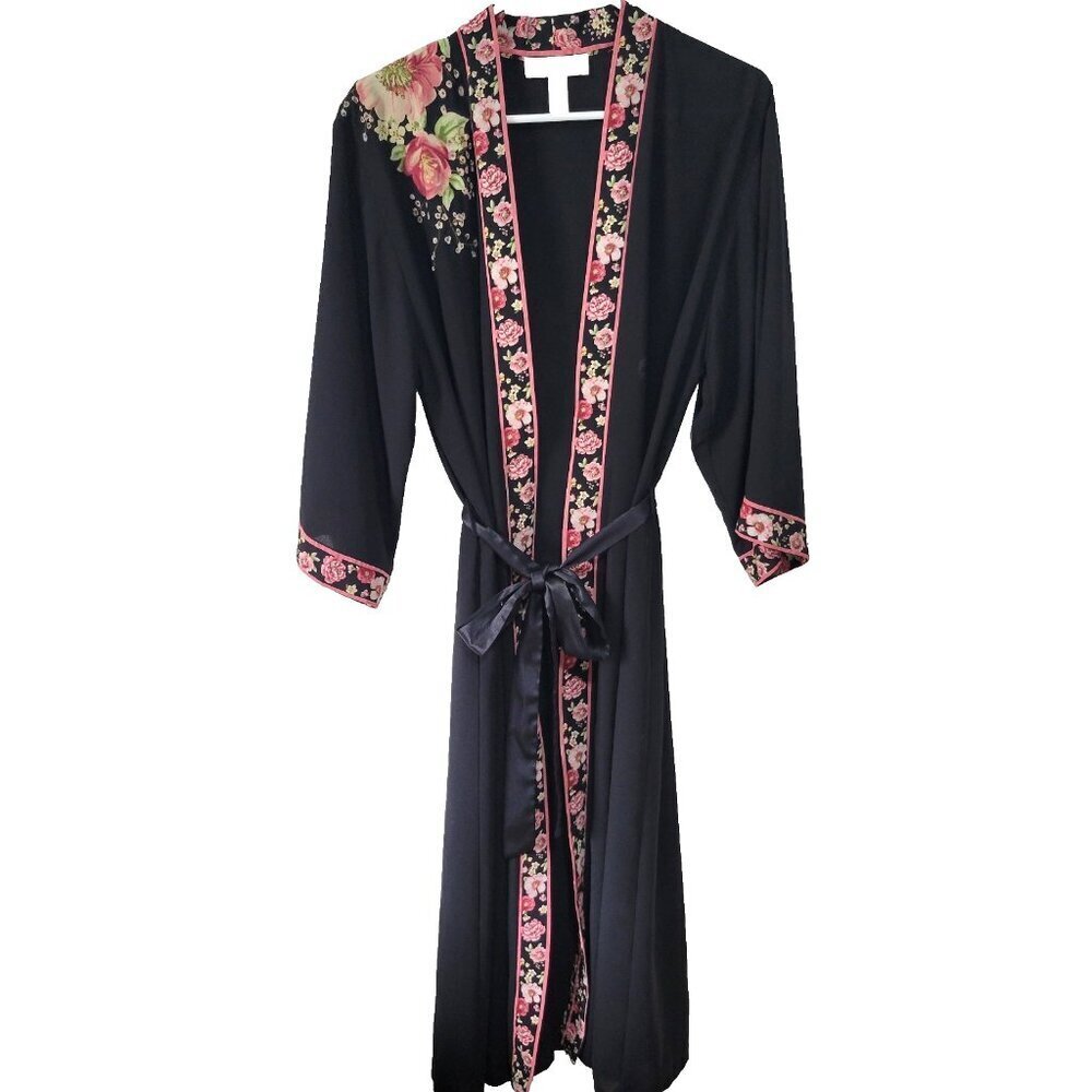 Oscar De La Renta Robe Small Women's Vintage Pink Label Black Floral Embroidered